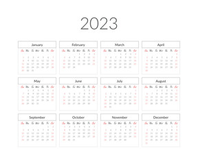 2023 year calendar template. Vector illustration