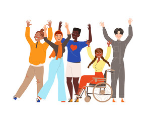 Obraz premium Happy and Rejoicing Group of People Characters Cheering Raising Hands Up Vector Illustration