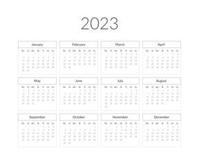 2023 year calendar template. Vector illustration