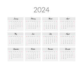 2024 year calendar template. Vector illustration