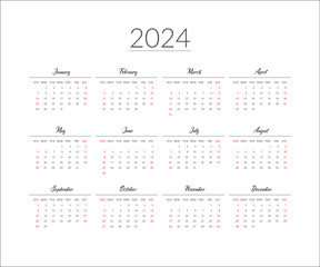 2024 year calendar template. Vector illustration