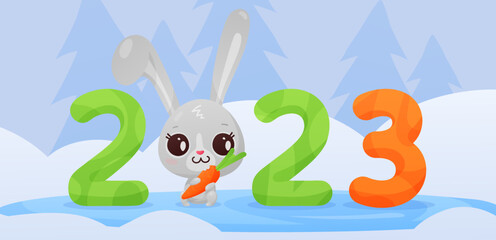 Cute cartoon gray bunny, rabbit, with ginger, green numbers 2023 on winter landscape. Symbol of new year. Vector illustration for postcard, banner, design, arts, web, calendar, advirtising