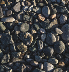 Texture of pebbles of different shades lit from the side by the setting sun, dark abstract pebbles for the background