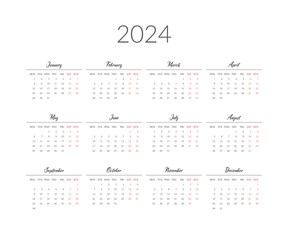 2024 year calendar template. Vector illustration