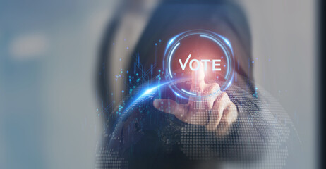 Electronic or internet voting concept (e-voting or online voting). Click on virtual button with...