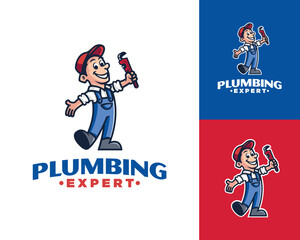 Mascot plumber logo.  Cartoon illustration plumber logo.  Vector plumbing logo design.