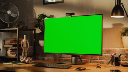 Computer Monitor with Green Screen Standing on a Wooden Desk with Height Adjustable Function....