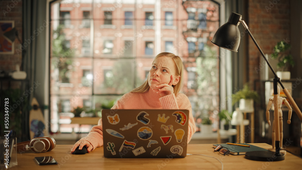 Poster creative young woman sitting at a desk at home office studio, working on laptop computer. specialist