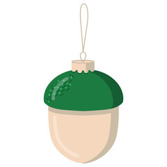 Acorn-shaped Christmas tree toy with a green cap. Vector Christmas illustration.