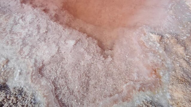 Closeup detailed shot of unrefined salt in Salt lake in Tunisia Chott el Djerid red color of water from the salt minerals. Largest salt lake in the Sahara Desert.