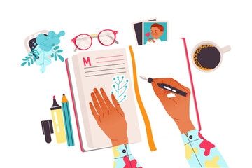 Hands with Pen Writing in Notepad as Working with Text Process Above View Vector Illustration