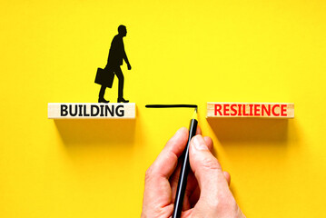 Building resilience symbol. Concept word Building resilience typed on wooden blocks. Beautiful yellow table yellow background. Businessman hand. Business and building resilience concept. Copy space.