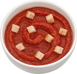 Instant tomato soup with croutons isolated