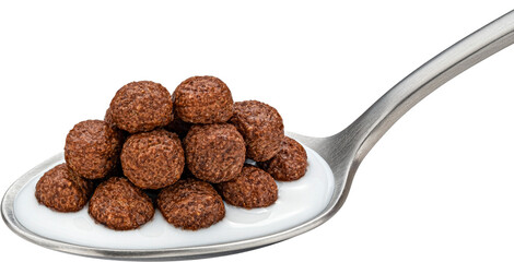 Chocolate corn balls with milk in spoon isolated