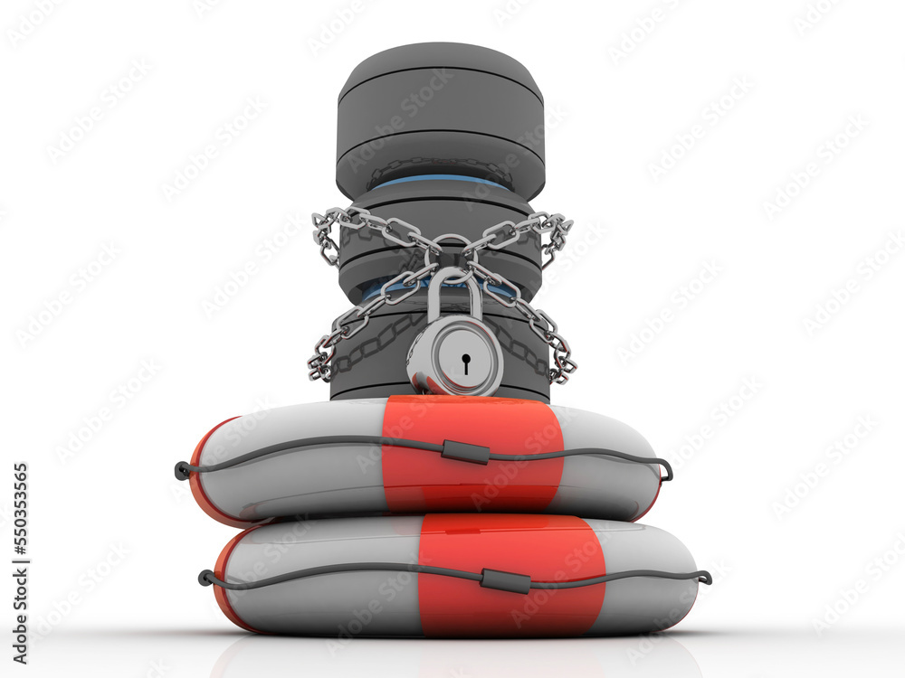 Poster 3d rendering database storage data base protected lock in lifebelt