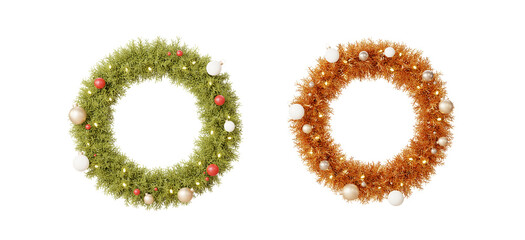 Christmas Wreath  ornament decoration set collection for mock up or web banner. 3d render on transparent png backgrounds. Xmas celebration.