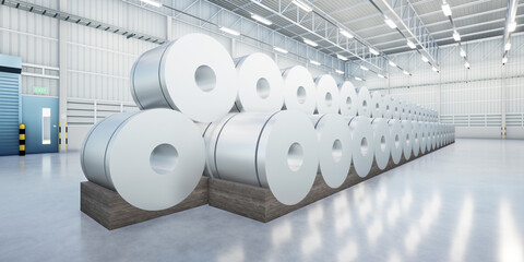 3d rendering of roll steel, stainless steel or galvanized steel coil inside factory, store or...