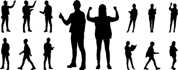 Silhouettes set of male and female workers with helmets. Vector flat style illustration isolated on white