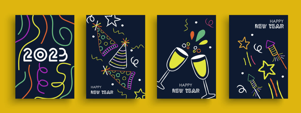New Year 2023 colorful hand drawn cartoon poster collection