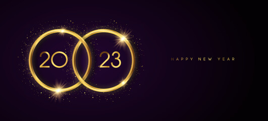 Happy New year 2023 gold 3d glitter ring banner