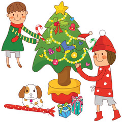Kids and Dogs Decorating Christmas Trees
- 550356130