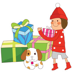 a boy organizing Christmas presents
- 550356182