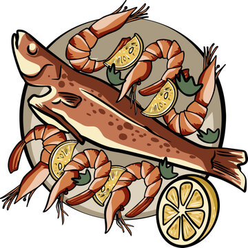 Seafood plate. Grilled fish, shrimp, lemon. Grilled fish with rosemary and lemon on a plate. Whole fried dorado vector illustration.
