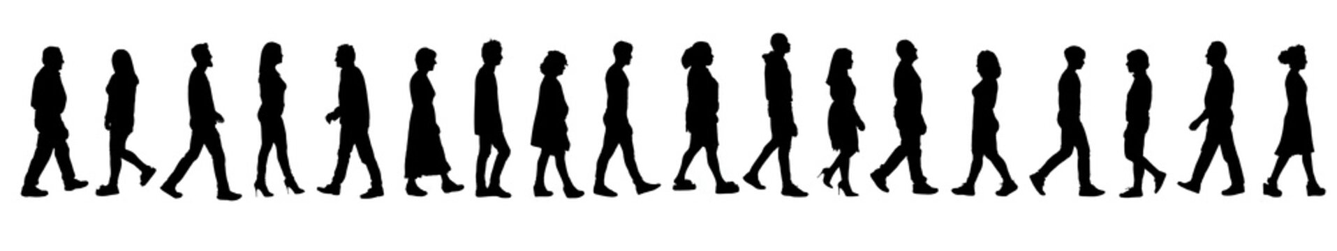 silhouette of a line of group of a people walking on white background