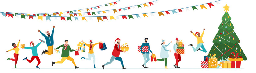 Happy people at a Christmas and New Year's corporate party. Positive men and women dancing and having fun. Set of modern vector characters.