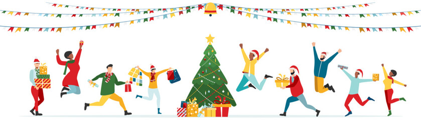 Happy people give gifts at New Year and Christmas corporate party. Vector.