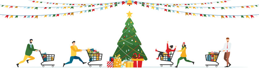 Happy people give gifts at New Year and Christmas corporate party. Vector.
