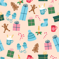 Christmas pattern with gingerbread, gifts and clothes