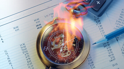 Burning pocket watch, operating budget, calculator and pencil