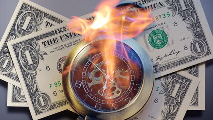 Burning pocket watch with dollar banknotes