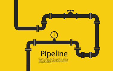 Pipeline background. Pipe icon with text on yellow backdrop. Technology for gas, water, oil and gasoline. Construction industry system. Pipelines with tap, fitting and meter of pressure. Vector