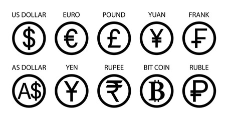 Currency icon. Symbol of dollar, euro, pound, yen, yuan and ruble. Sign of exchange international currencies. Gbp, rupee, australian dollar and bitcoin. Set for investment, credit and payment. Vector
