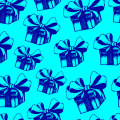 Seamless blue background with gift boxes. Hand drawn vector boxes with bows. Background for birthday, valentine's day, new year, sale or other holiday