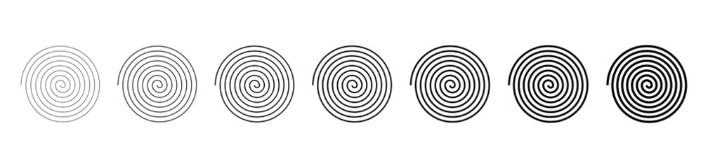 Spiral shapes. Thin and thick swirl lines. Abstract round strokes. Black geometric circular elements isolated on white background. Symbols for art, twirl and hypnotic. Radial linear icons. Vector