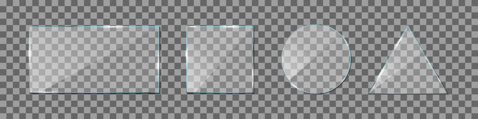 Shiny glass. Plexiglass with glossy effect and glare. Acrylic texture with frame for mirror, window and screen. Set of clear plastic plates. Plexi mockups isolated on transparent background. Vector