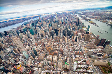 Midtown Manhattan aerial skyline from helicopter in winter season, New York City - USA