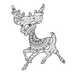 Zentangle reindeer mandala coloring page for adults christmas deer and floral animal coloring book isolated on white background antistress coloring page vector illustration