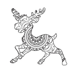 Zentangle reindeer mandala coloring page for adults christmas deer and floral animal coloring book isolated on white background antistress coloring page vector illustration