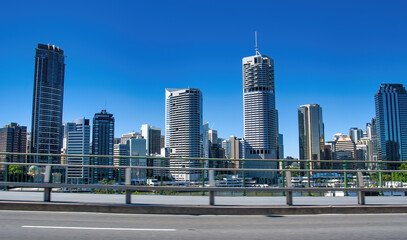 Brisbane city skyline from Story Bridge over Brisbane River on a sunny day, Australia