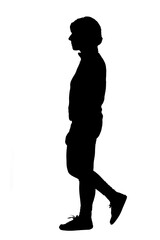 side view of a woman walking on white background,