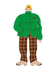 Stylish boy wearing a puffer jacket, check pattern pants and sneakers. Vector illustration of male winter of autumn fashion in colorful hand drawn style. Isolated on white background.