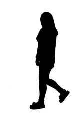 silhouette of a  side view  woman walking and looking at camera on white background,