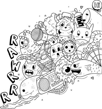 Rawrrr Doodle Art Coloring page for kids and adults