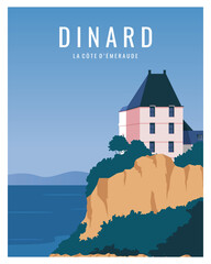 travel poster of ocean coast with historical villas in Dinard, Brittany, France. vector illustration landscape with flat style for poster, postcard, card, print - obrazy, fototapety, plakaty