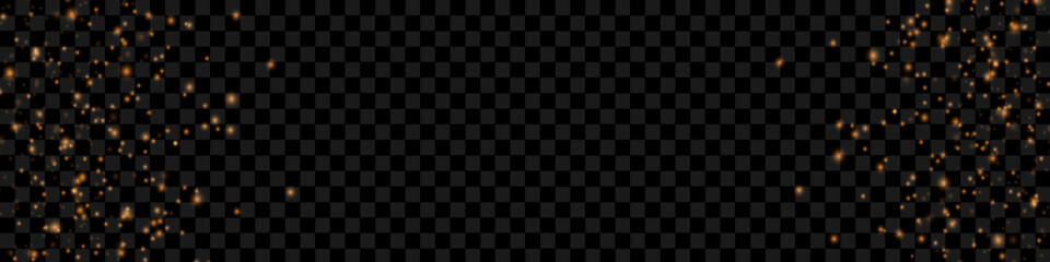 Random golden dots Christmas background. Thin flying snowflakes and stars on a black background. Fascinating winter snowflake overlay template.