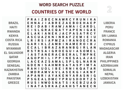 Word search puzzle vector (Word find game) illustration. Countries of the World - 02